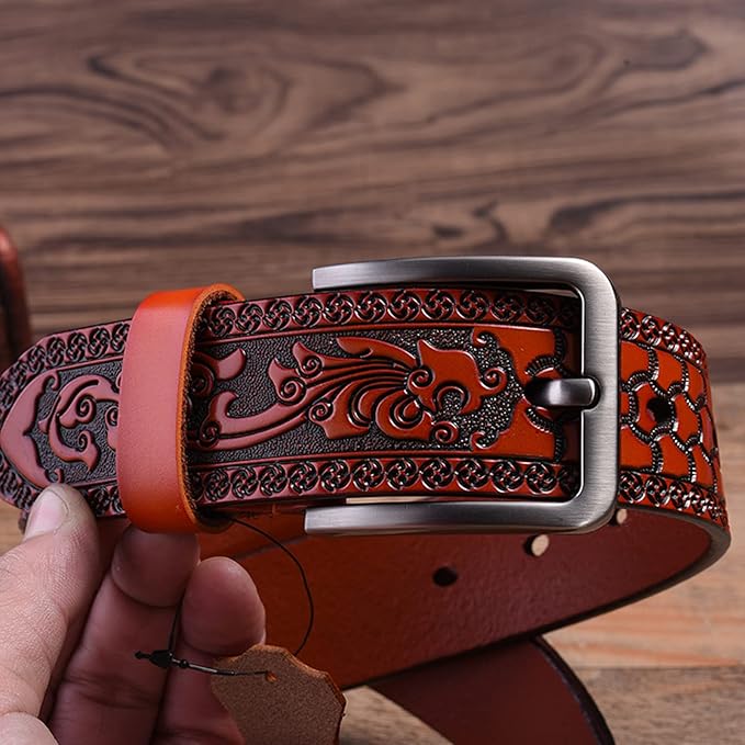 Men's Casual Genuine Leather Jeans Belts Vintage Leather Engraved Strap with Single Prong Buckle