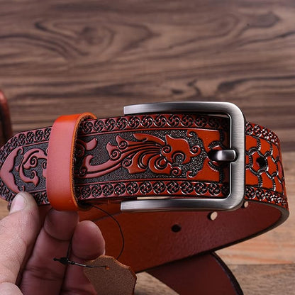 Men's Casual Genuine Leather Jeans Belts Vintage Leather Engraved Strap with Single Prong Buckle