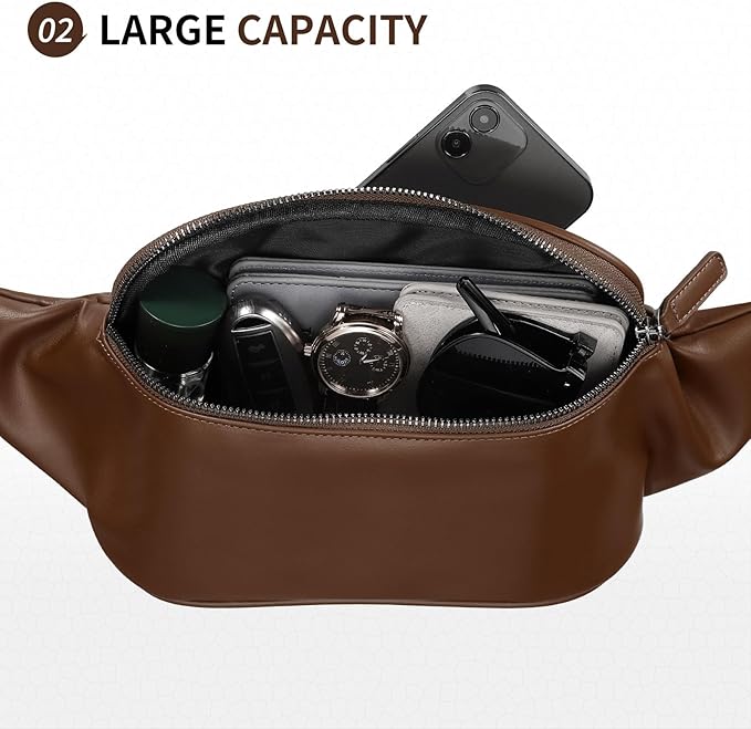 Faux Leather Belt Bag for Men, Crossbody Sling Bag with Adjustable Strap, Back Zipper Pocket, Large Capacity Waist Pack for Travel, Work, Every, Brown