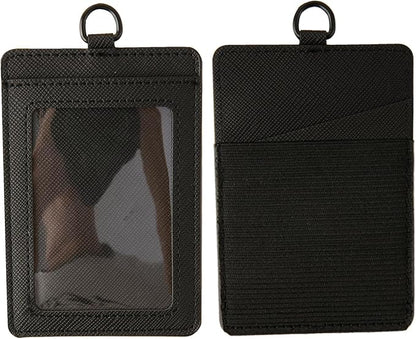 Leather Badge Holder, Vertical ID Card Holder with Clear Window, 2 Elastic Card Slots & Detachable Lanyard for Offices, Schools (Black-F)