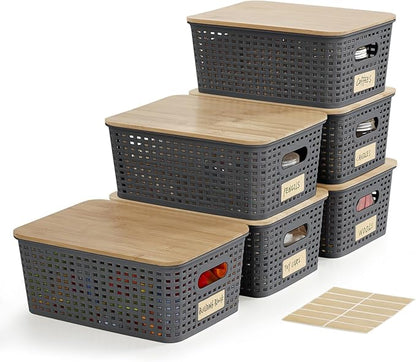 Bagnizer Small Plastic Storage Bins with Bamboo Lids 5.2qt Stackable Box Basket Pantry Decorative Containers Cute with Label for Organizing Desktop Closet Office Gray of 6 packs 10 * 7.2 * 4.1"