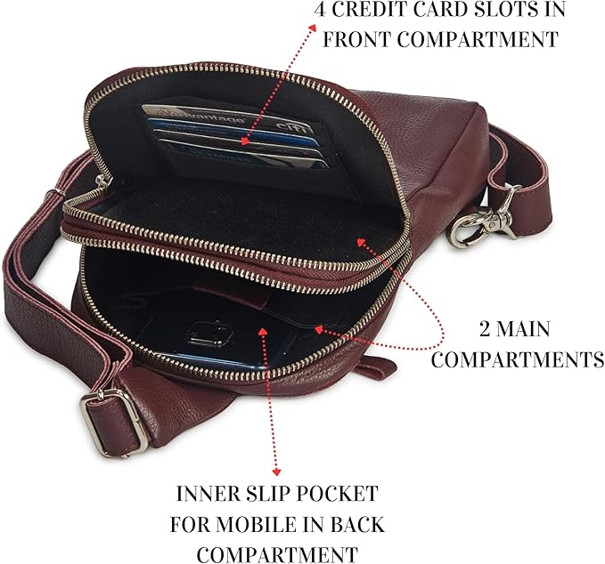 Leather Sling Bag for Women Genuine Crossbody Purse Small Trendy Cross Over Chest with Phone and Credit Card Slots (Burgundy Nappa)