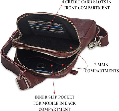 Leather Sling Bag for Women Genuine Crossbody Purse Small Trendy Cross Over Chest with Phone and Credit Card Slots (Burgundy Nappa)