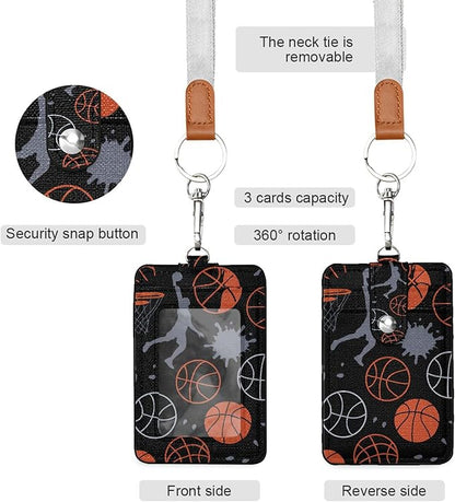 Badge Holder, Basketball Theme PU Leather School College Business ID Badge Card Holder Wallet Case with 1 Clear Window, 2 Credit Card Slots and Detachable Neck Lanyard - Vertical