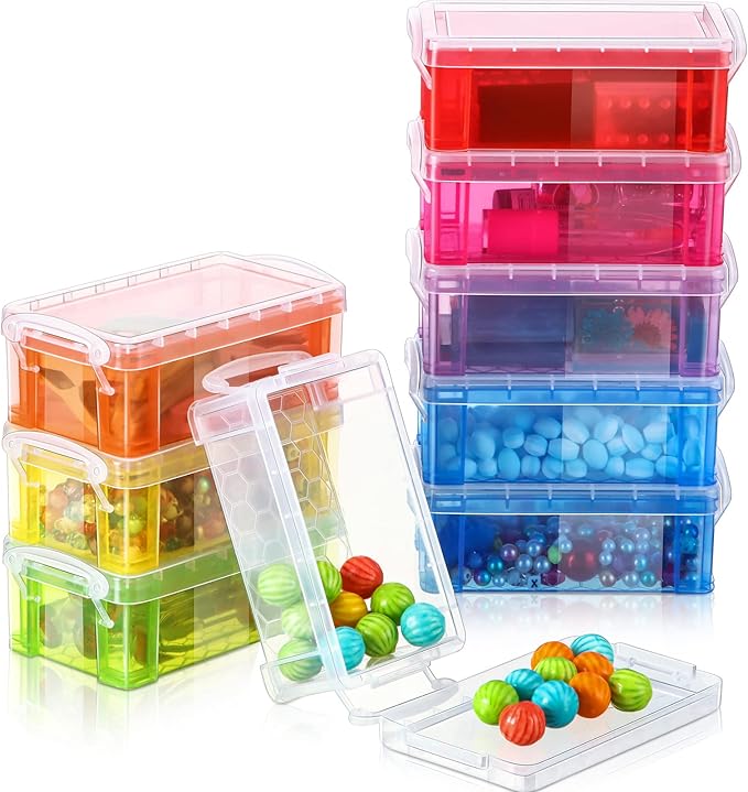 Sepamoon 9 Piece Small Plastic Storage Box with Lid Colorful Translucent Stackable Tool Storage Case Mini Sewing Box Organizer Plastic Organizer Container for Stationery, Jewelry, and More
