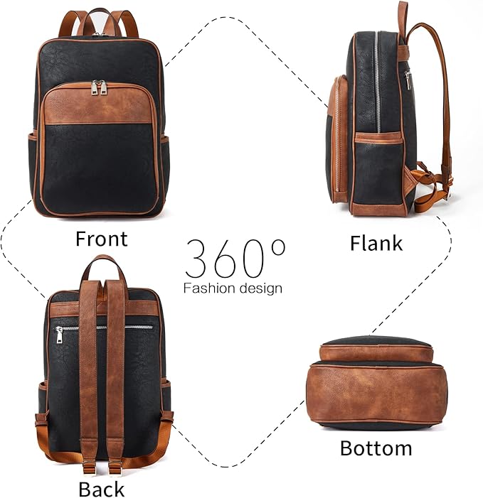 Telena Leather Laptop Backpack for Women Business Casual College Bags Black-Brown