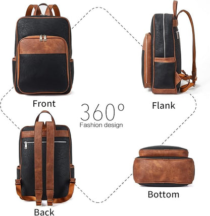 Telena Leather Laptop Backpack for Women Business Casual College Bags Black-Brown