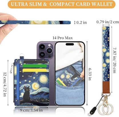 Hancynir Black Cat Slim Wallet Women Credit Card Holder, RFID Blocking Front Pocket Wallet Wristlet Keychain Lanyard, Small Cute Mini Card Case, Thin Travel Zipper Coin PU Leather Ladies Female Gifts