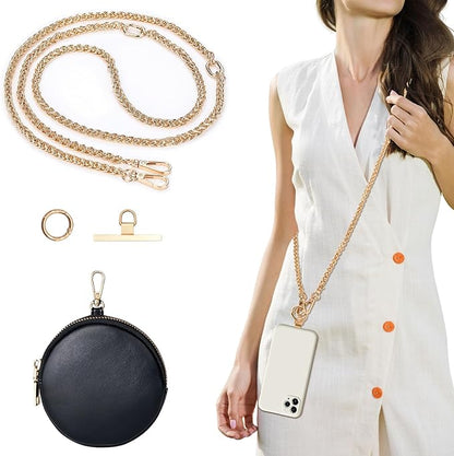 Clip and Go Phone Strap Crossbody with RFID Leather Wallet, Trendy Hands-Free Crossbody Cell Phone Lanyard Chain with Coin Purse for Women, Neck Chain for iPhone and Smartphone, Gold