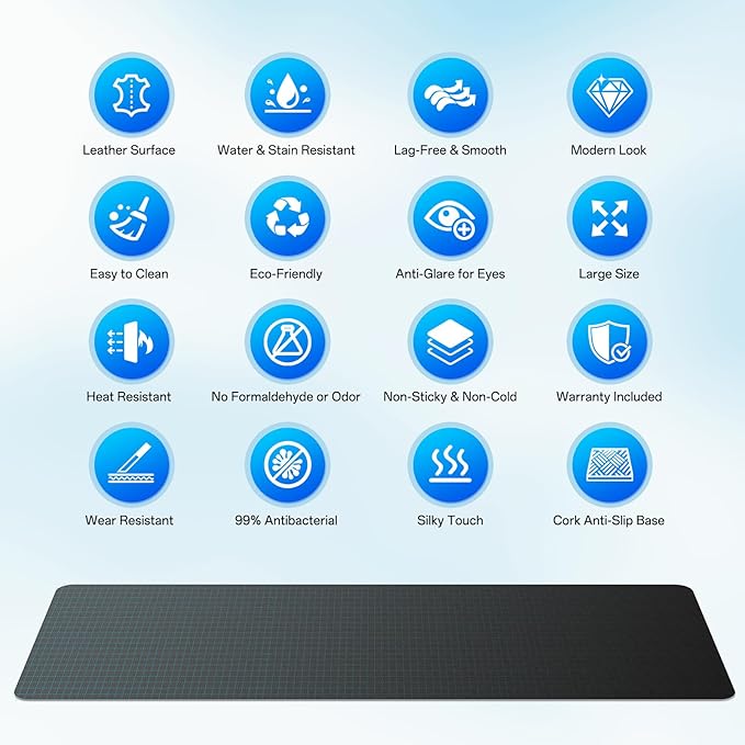 Leather Desk Mat Protector, Mouse Pad, Non-Slip PU Leather Desk Blotter, Suitable for Gamer, Office & Home - 31.5 x 11.8 in, Black