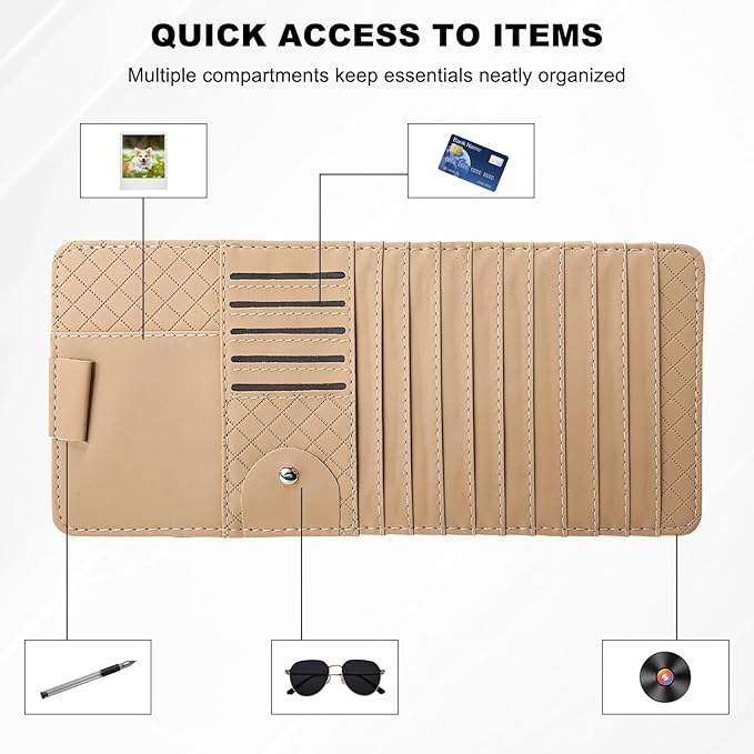 Sun Visor CD Case Holder for Car, Leather Auto Visor DVD Storage Case with Card Slots & Pen Holder, Multi-Pocket Large Capacity CD Layered Organizer for Most Vehicles (Beige)