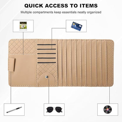 Sun Visor CD Case Holder for Car, Leather Auto Visor DVD Storage Case with Card Slots & Pen Holder, Multi-Pocket Large Capacity CD Layered Organizer for Most Vehicles (Beige)