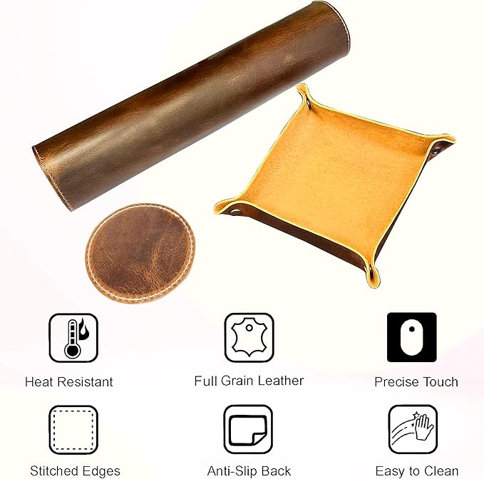 Leather Desk Mat Desk Pad - Full Grain (32x16) Leather Desk Cover Blotter & Protector - Large Computer Keyboard Gaming Table Mat - Desktop Accessories Mouse Pad for Laptop, Office & Home