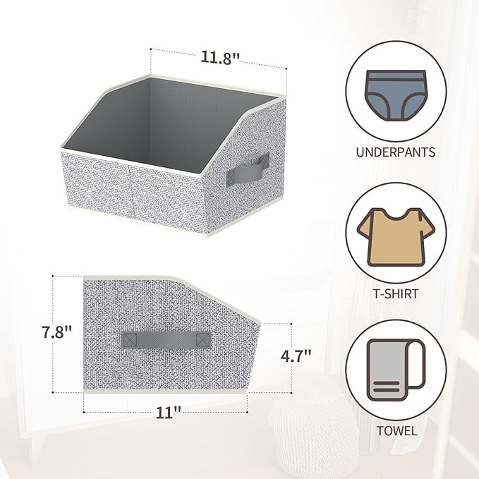 Homsorout Storage Bins for Shelves - Small Trapezoid Closet Shelf Organizer, Fabric Organization Bins with Handles, Storage Baskets for Clothes, Towel, Purse, 6 Pack, Light Gray