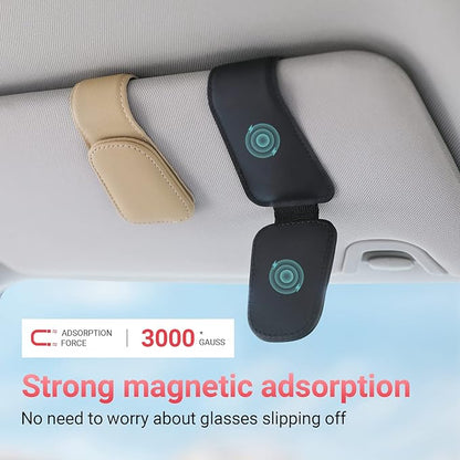 KanSmart Sunglass Holder for Car Visor Sunglasses Clip Magnetic Leather Glasses Eyeglass Holder Interior Car Accessories for Woman Man - 2 Packs Beige