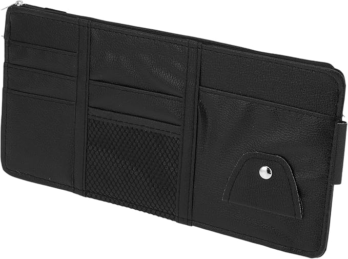 Car Sun Visor Organizer, Auto Visor Storage Pouch with Zipper W/Elastic Slot with Sunglasses Holder for Cards License Pen Organizer PU Leather Black