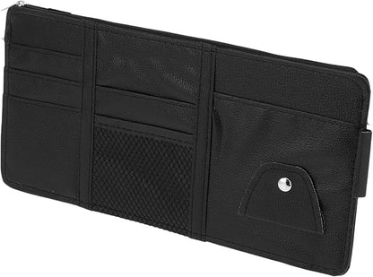 Car Sun Visor Organizer, Auto Visor Storage Pouch with Zipper W/Elastic Slot with Sunglasses Holder for Cards License Pen Organizer PU Leather Black
