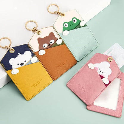 PU Leather ID Badge Holder with Keychain - Cartoon Animal Cute ID Badge Holder, 3 Card Slots for Professionals, Students, Nurse Officer, School Women Girls Boys (Pink)