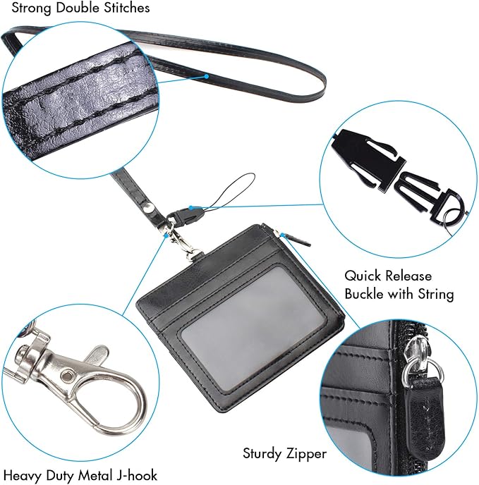 Badge Holder with Zip, Wisdompro 2-Sided PU Leather ID Badge Holder with 1 ID Window, 4 Card Slots, 1 Side Zipper Pocket and 1 piece 20 Inch Leather Neck Lanyard Strap - Black (Horizontal)