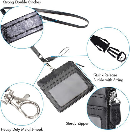 Badge Holder with Zip, Wisdompro 2-Sided PU Leather ID Badge Holder with 1 ID Window, 4 Card Slots, 1 Side Zipper Pocket and 1 piece 20 Inch Leather Neck Lanyard Strap - Black (Horizontal)
