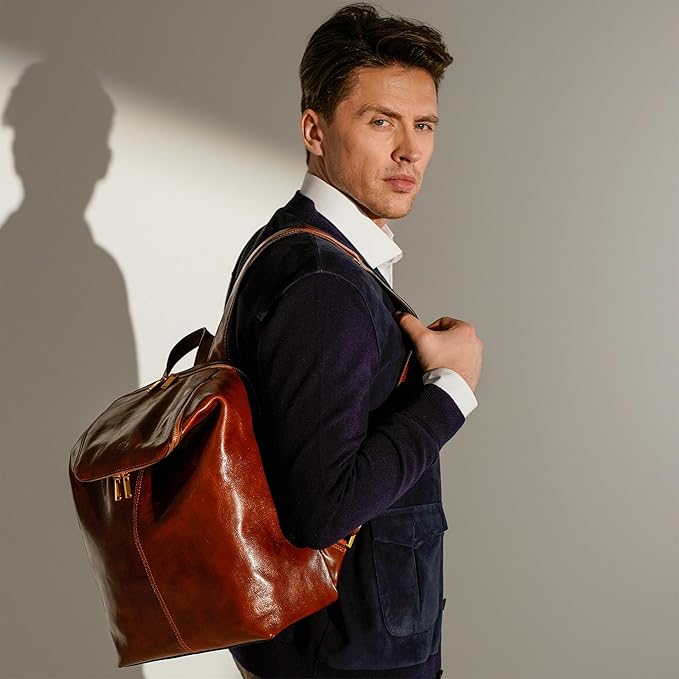 Time Resistance Leather Backpack - Unisex Business Rucksack Laptop Bag for Bag and Women (Cognac Brown)