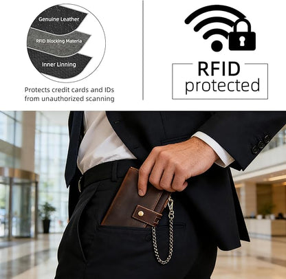Genuine Crazy Horse Leather Travel Gift Coin Pocket Card Case Long Organizer Chain Rfid Wallet Purse With Snap For Men Male 1803 1815 (W-1819-Brown)