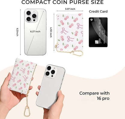 Coquette Bow Keychain Cute Coin Purse for Women, Small PU Leather Change Pouch, Zipper Little Tiny Travel Wallet for Girls, Kawaii Zip Pocket Coin Holder with Key Ring