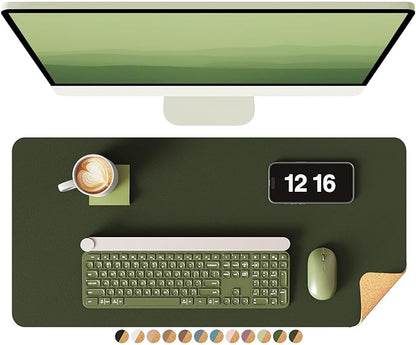 YSAGi Double-Sided Desk Pad, 23.6"x13.7" Leather Desk Mat, Eco Cork Desk Pad Protector, Large Mouse Pad for Desk, Waterproof Desk Blotter Pad, Desk Writing Pad for Office Work/Home(Dark Green/Cork)