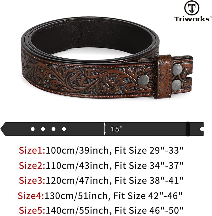 TRIWORKS Western Belt Strap for Men without Buckle 1.5" Wide Floral Engraved Embossed Leather Belt Strap