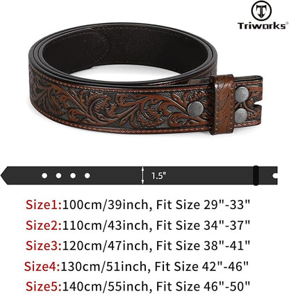 TRIWORKS Western Belt Strap for Men without Buckle 1.5" Wide Floral Engraved Embossed Leather Belt Strap
