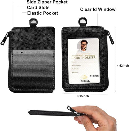 2-in-1 ID Badge Holder & Elastic Card Holder Wallet,Minimalist Men & Women Zip Card Holder Wallet with Neck Lanyard,3 Card Slots and 1 Side Zipper Pocket (Black-B)