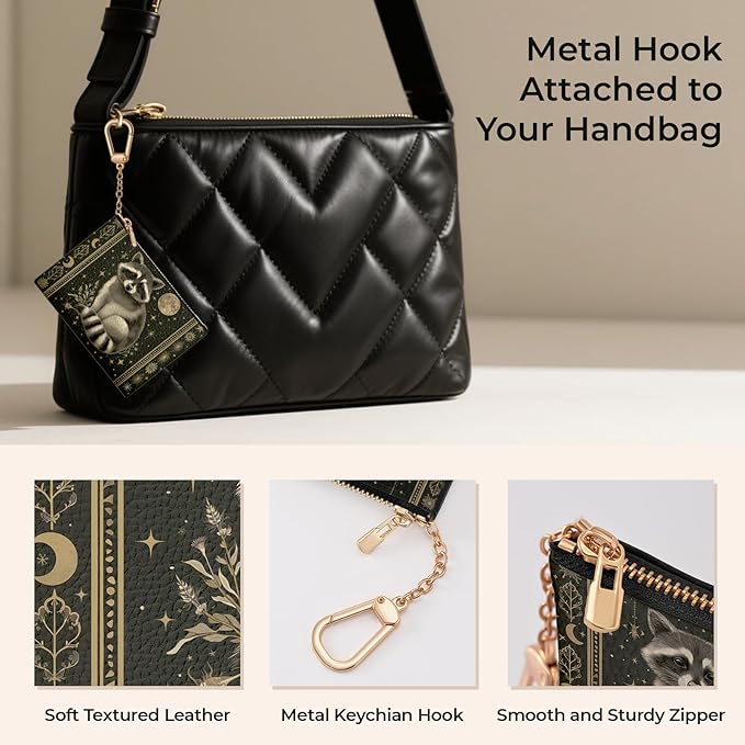 Vintage Raccoon Keychain Coin Purse for Women, Small PU Leather Change Pouch, Zipper Little Tiny Travel Wallet for Girls, Cute Kawaii Zip Pocket Coin Holder with Key Ring