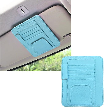 Dickno Small Leather Car Sun Visor Organizer, Multifunctional Auto Visor Document Holder with Sunglasses Clip, Universal Car Interior Organizer for Drving License, Card, Pen (Blue)