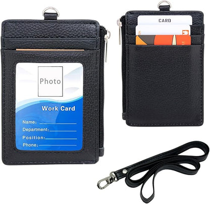 Badge Holder with Zipper - Boshiho Genuine Leather ID Badge Card Holder Wallet with 18.5" Neck Lanyard, 5 Card Slots Vertical Style