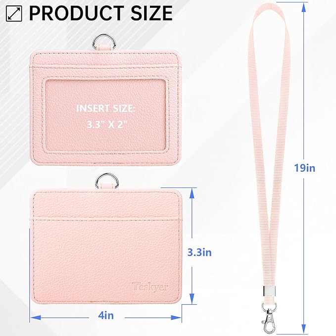Teskyer Badge Holder with Lanyard, Leather ID Name Badge Card Holder with Lanyard for ID Badges, Horizontal, Lychee Pattern Light Pink