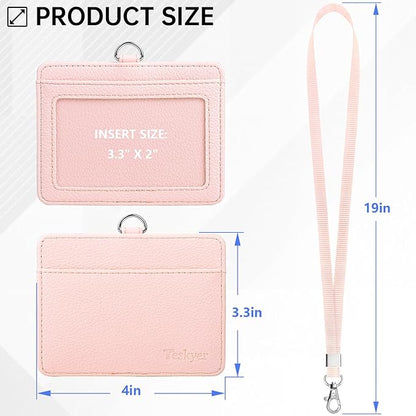 Teskyer Badge Holder with Lanyard, Leather ID Name Badge Card Holder with Lanyard for ID Badges, Horizontal, Lychee Pattern Light Pink