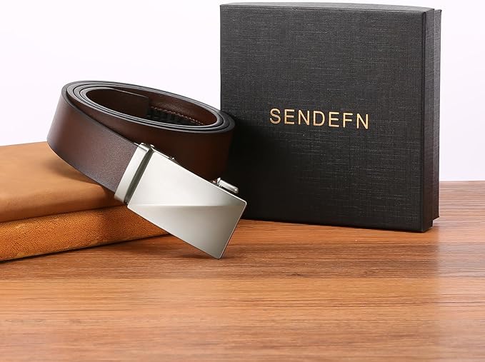 SENDEFN Men's Leather Belt Automatic Ratchet Buckle Slide Belt for Dress Casual Trim to Fit with Gift Box