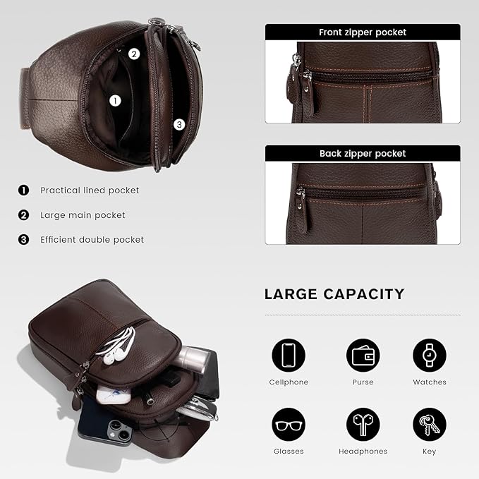 molshine Genuine Leather Sling Crossbody Bag,Fashion Chest,Casual Shoulder Bag for Men Women Work Travel Cycling HB024