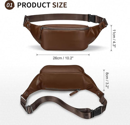 Faux Leather Belt Bag for Men, Crossbody Sling Bag with Adjustable Strap, Back Zipper Pocket, Large Capacity Waist Pack for Travel, Work, Every, Brown