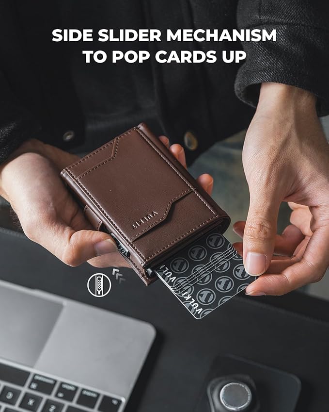 VULKIT Airtag Wallet with Keyring Leather Mens Pop up Credit Card Wallet with Air Tag Holder Trifold ID Window RFID Blocking（Espresso）