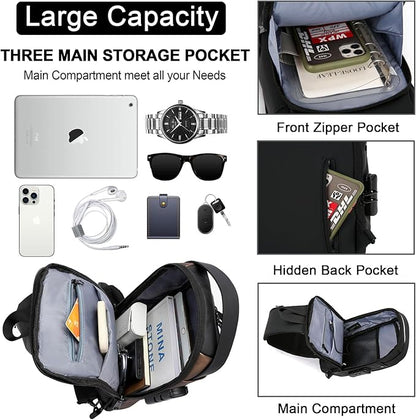Sling Bag for Men Anti-theft USB Crossbody Shoulder Backpack Purse Waterproof PU Leather Chest Bag Travel Daily Use
