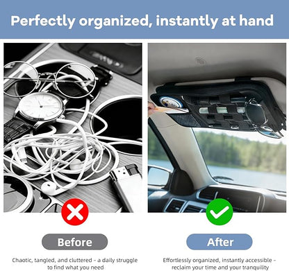 Car Sun Visor Organizer, Heavy Duty Molle Panel with Double Zipper Multi-Pockets & Glasses Clip, Tactical Storage Pouch for Cars, SUVs, Trucks (2 Pack)