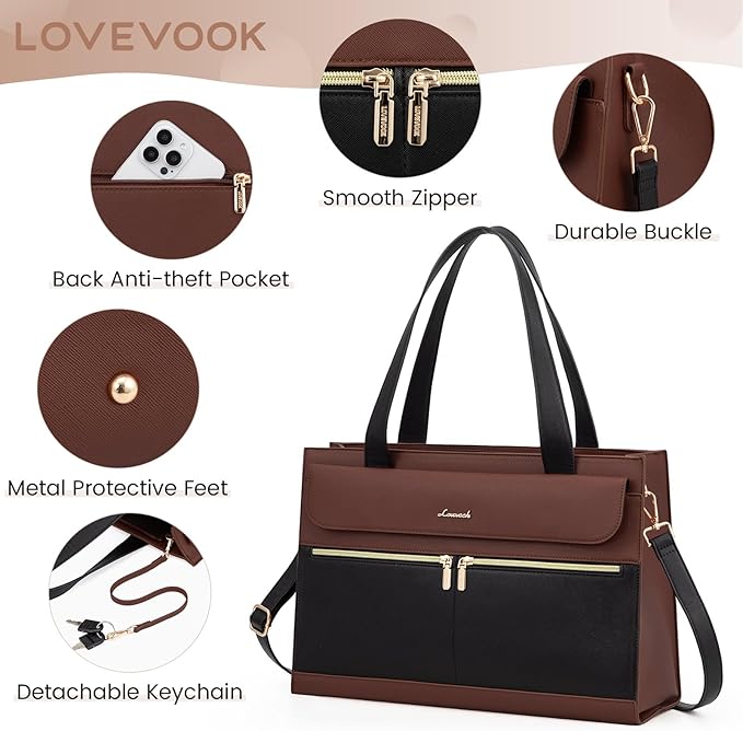 LOVEVOOK Laptop Bag for Women, Black- Brown