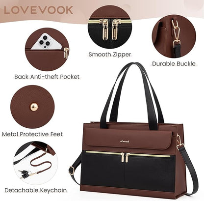 LOVEVOOK Laptop Bag for Women, Black- Brown