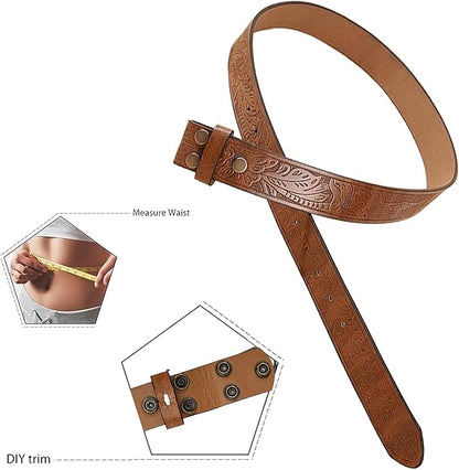 IZUS Vintage Western Belt Strap without Buckle Longhorn-Bull-Embossed Cowboy Belt for Women Men 1-1/2" Wide PU Leather Strap
