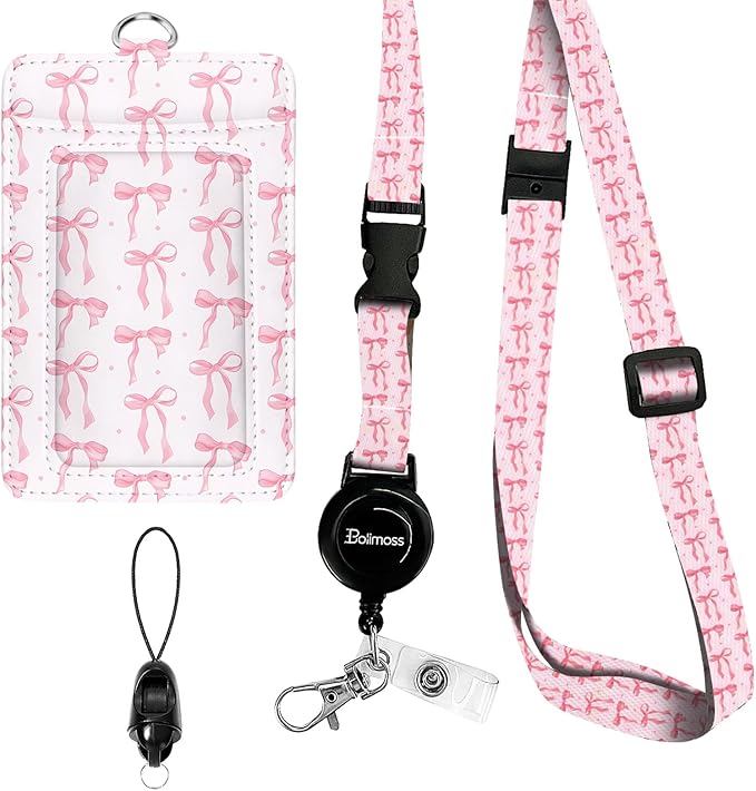 bolimoss Pink Bow Lanyard with ID Holder, Cute Leather ID Name Badge Card Holder with Adjustable Retractable Lanyards, Breakaway Lanyards with Swivel Metal Clasp for Women Nurse Teacher