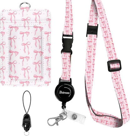 bolimoss Pink Bow Lanyard with ID Holder, Cute Leather ID Name Badge Card Holder with Adjustable Retractable Lanyards, Breakaway Lanyards with Swivel Metal Clasp for Women Nurse Teacher