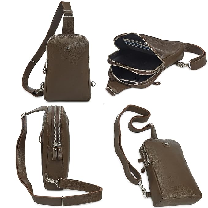 Leather Sling Bag for Women Genuine Crossbody Purse Small Trendy Cross Over Chest with Phone and Credit Card Slots (Brown Nappa)