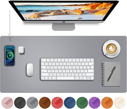 Desk Mat with Wireless Charging, Grey Mouse Pad with Wireless Charger, Desk Pad Matt for Desktop, Mousepad Gaming Large Mouse Pad, Leather Compute for Keyboard and Mouse, 32" x 16"
