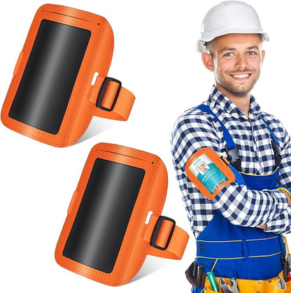 Geelin 2 Pcs Arm Badge Holder for Men Leather ID Armband Adjustable Badge Holder with Elastic Arm Band Waterproof Ski Pass Armband for Work Postcards Office Business Supplies(Orange)